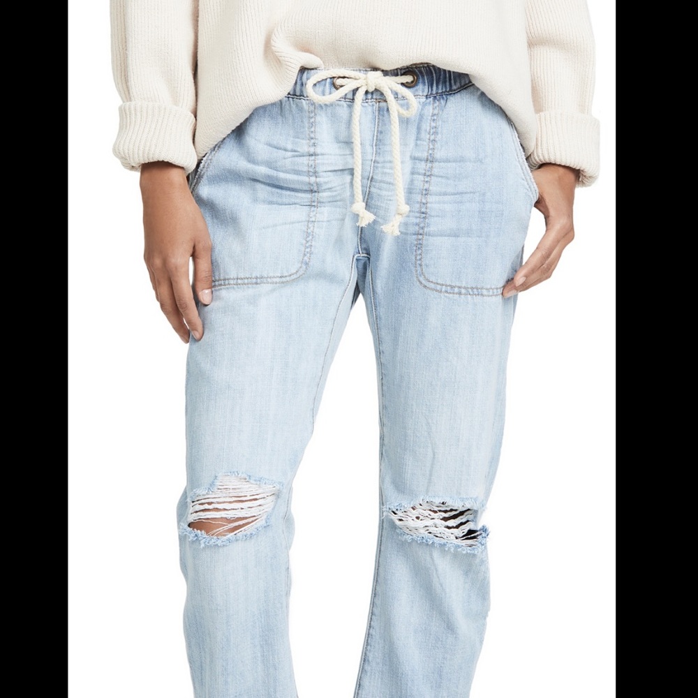 One Teaspoon Shabbies Cropped Boyfriend Ripped Jeans with Tie Waste Size Medium